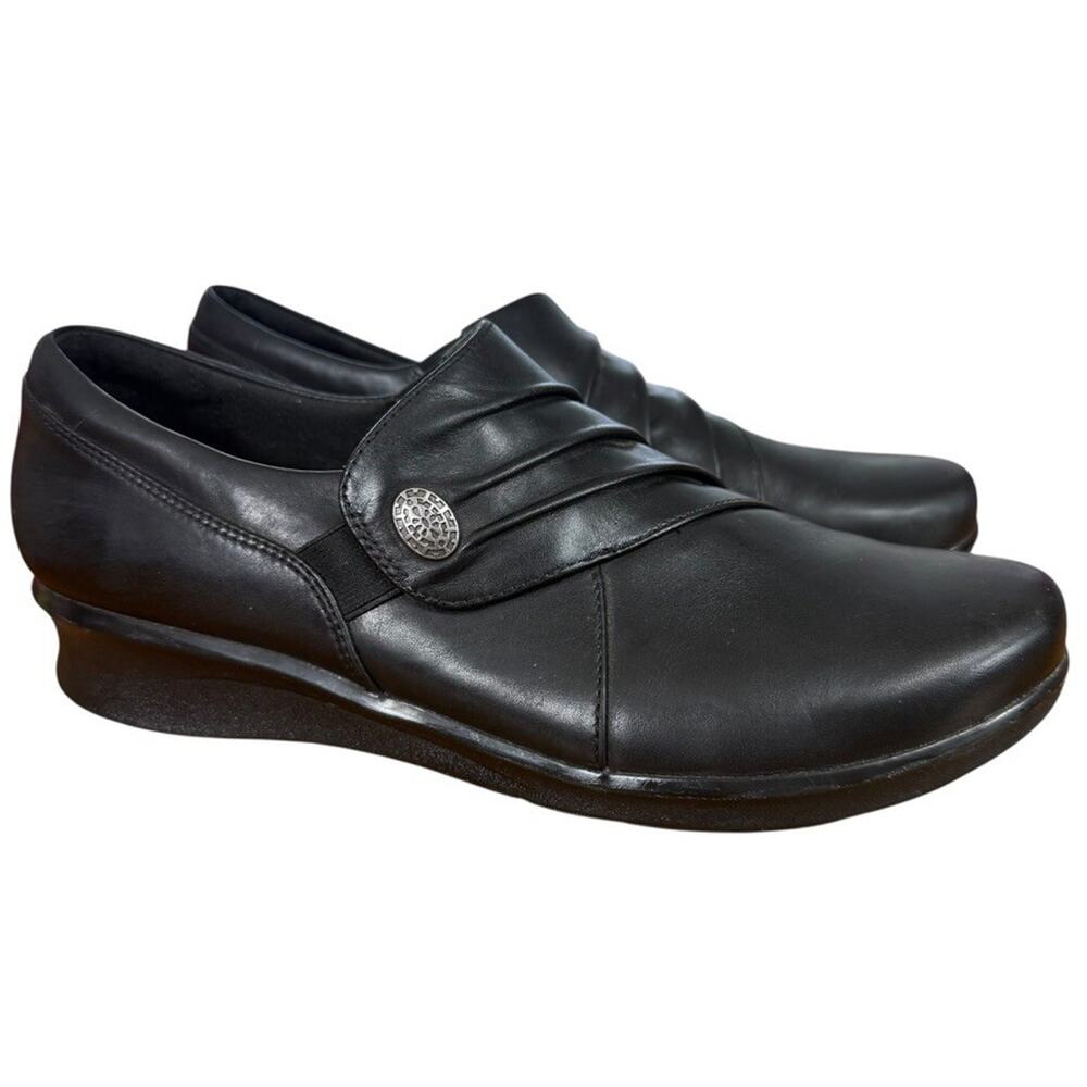 Clarks Hope Roxanne Womens Black Leather Comfort Shoes Low Wedge Loafers sz 9